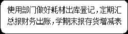 圆角矩形: 使用部门做好耗材出库登记,定期汇总报财务出账,学期末报存货增减表