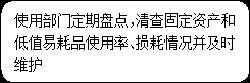 圆角矩形: 使用部门定期盘点，清查固定资产和低值易耗品使用率、损耗情况并及时维护